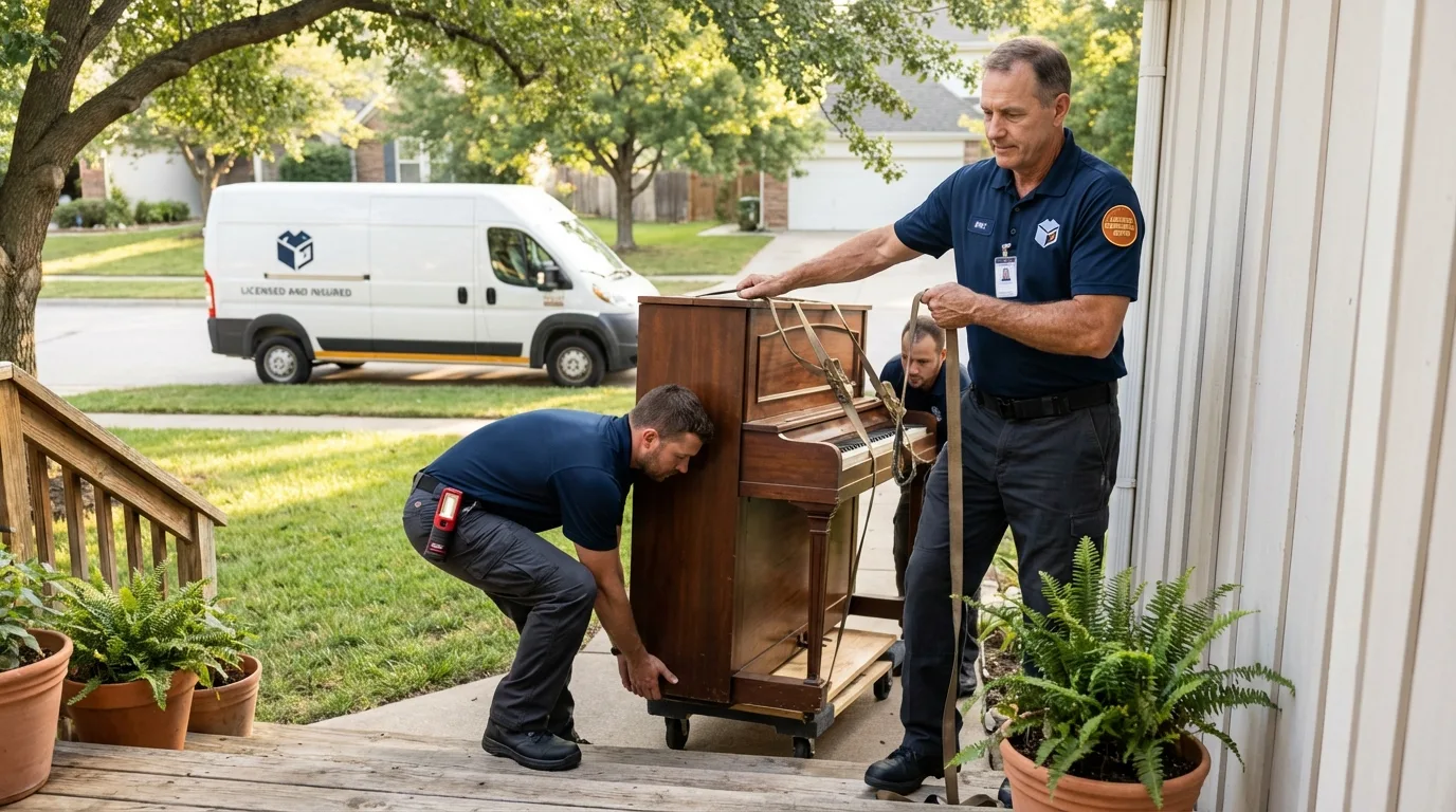 Licensed piano movers securing grand piano in South Hill, VA