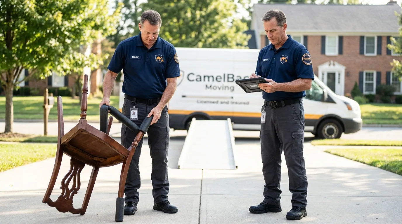 Movers inspecting furniture for damage prevention before loading in South Hill, VA