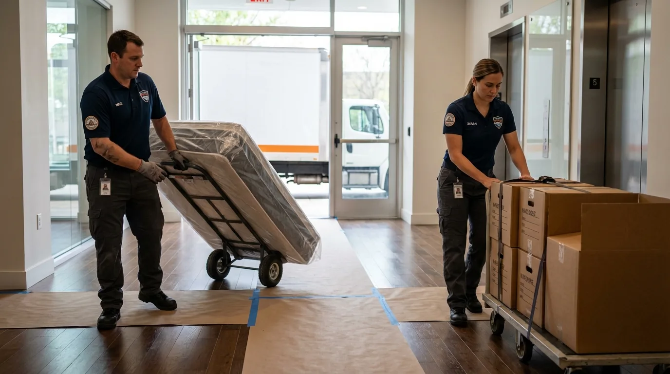 Professional apartment movers loading elevator in South Hill, VA