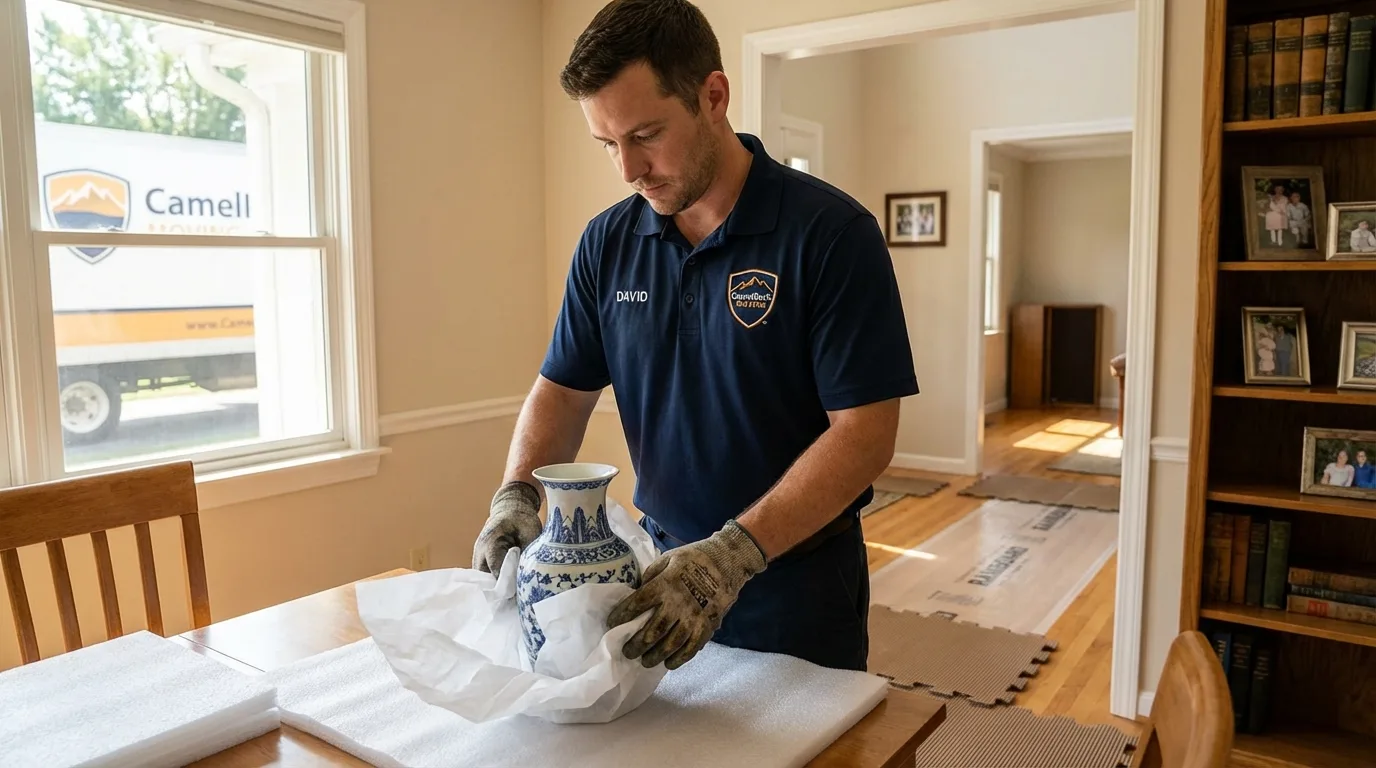 Professional crew carefully wrapping antique vase for senior downsizing move in South Hill, VA